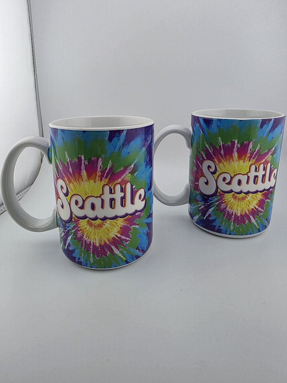 Seattle Embossed Tie-Dye Ceramic Coffee Mugs Set of 2 Colorful Souvenir